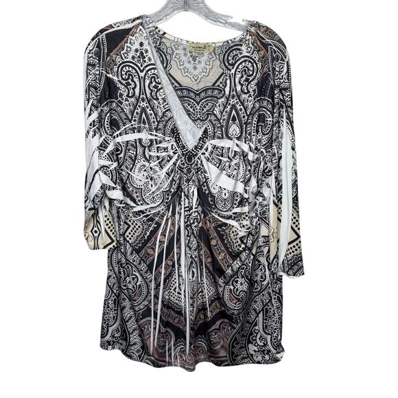 OneWorld Women’s 2X Boho Paisley Print Top Black White Beige Stretch Blouse - Picture 1 of 9